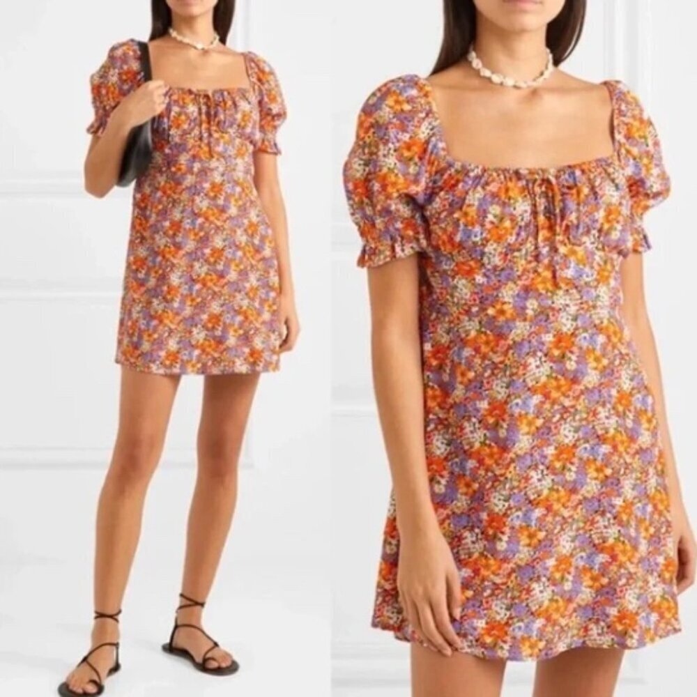Faithfull The Brand Iris Mini Dress Meja Floral Print Short Sleeve Sz 4 Women's